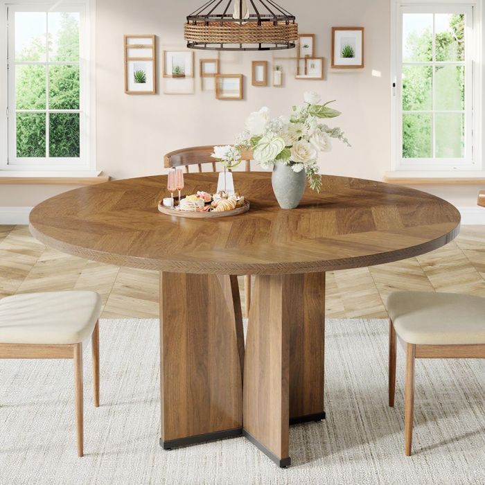 Round dining table 100 x 75cm, Square kitchen table for 4 to 6 people, wooden top and legs (Brown)