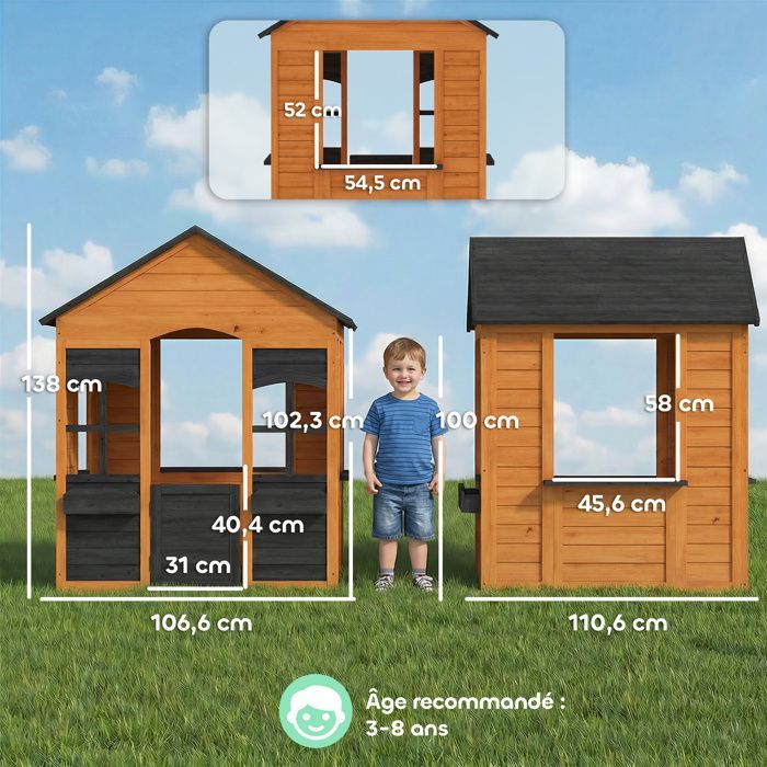 Casita de juegos de madera para exteriores, para niños, con media puerta, ventanas y jardineras, para edades de 3 a 8 años, color marrón claro.