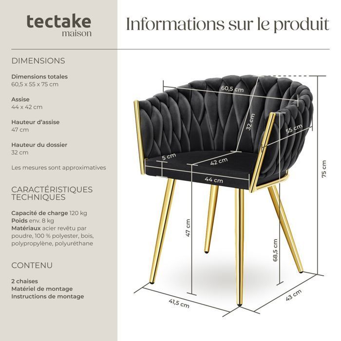 Chaises - TECTAKE - Lot de 2 fauteuils de salle à manger ASTANO en velours design noué avec pieds fin en acier - Noir/Or