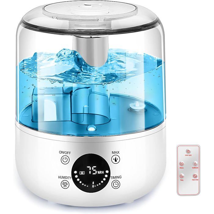 Humidificador de aire de 3 litros - Difusor de aromas ultrasónico con control remoto, temporizador, indicador de temperatura y control de humedad.