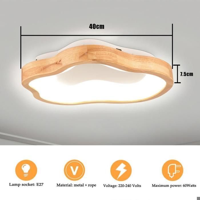 Lámpara de techo LED redonda de madera WOTTES - Ø40*7,5 cm - Blanco frío - Lámpara de techo de madera con forma de nube - Para salón, cocina y baño