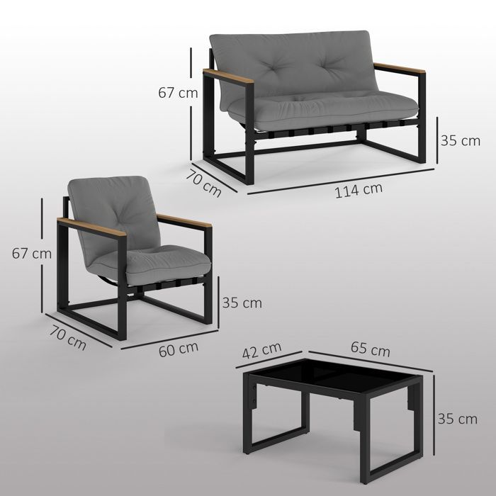 Set di mobili da giardino per 4 persone con divano, 2 poltrone e tavolino da caffè in vetro temperato, cuscini inclusi, grigio.