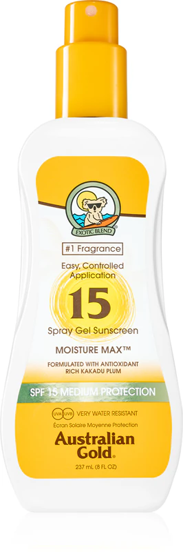 Protetor solar em gel spray Australian Gold com proteção solar.