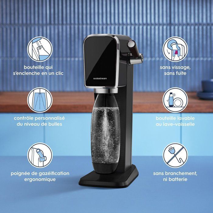 Machine à soda et eau pétillante - SODASTREAM - ART - 1 bouteille compatible lave-vaiselle - 1 recharge de gaz 60 L - Noir