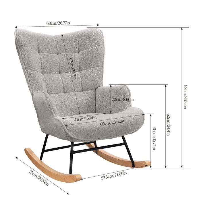 Mecedora Teddy Velvet, silla de lactancia con cojín, estructura de acero y patas de madera, gris.
