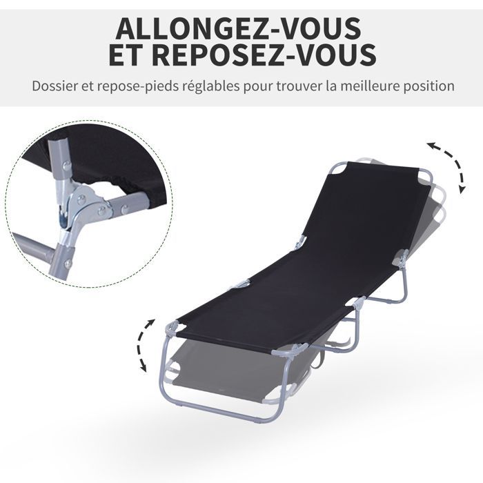 Outsunny - chaise longue transat - Métal - 187x55x24cm - Noir
