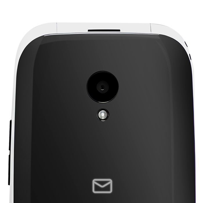 Telefone flip amplificado Geemarc branco/preto para idosos, compatível com aparelhos auditivos.