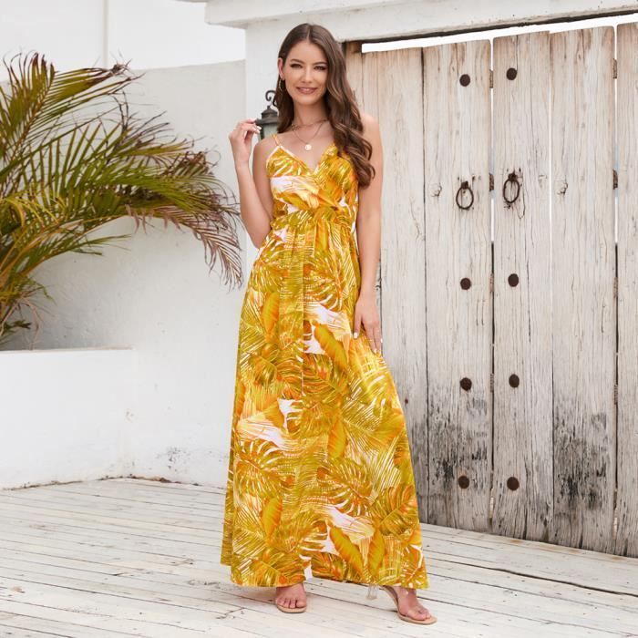 Robe Femme Boheme Bretelles Longue Col V Robe Imprimé Ete de Plage Sans Manches Confortable - Jaune