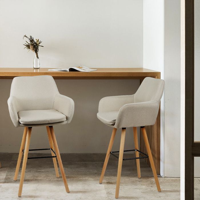 MIPAN . Lot de 4 Tabourets de Bar en lin avec pieds en bois -  Chaise Bar Haute en Tissu - Tabourets de Bar Beige