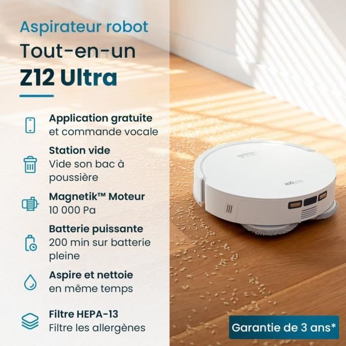 EZICLEAN All-in-One Z12 Ultra – Vernetzter Saug- und Wischroboter mit Entleerungsstation – 270 Min. – 14,4 V – 1,8 l – Weiß