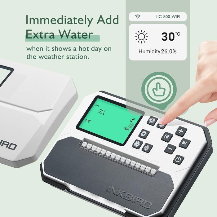 Temporizador de riego INKBIRD IIC-800-WIFI de 8 vías, sistema de riego con monitoreo remoto, ajuste estacional y cubierta.