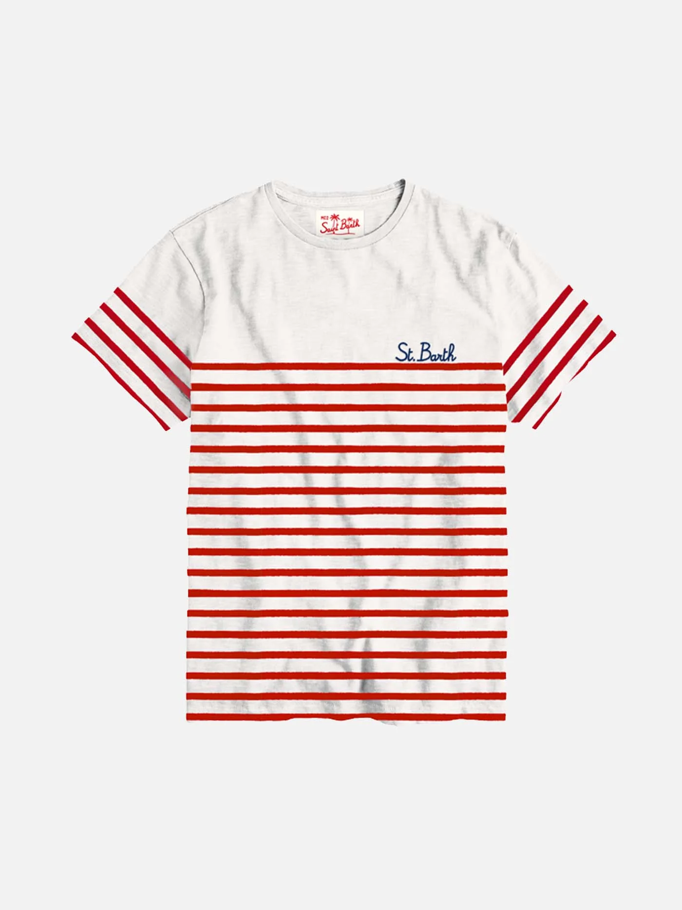 Rood gestreept geborduurd katoenen T-shirt