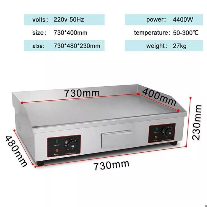 Commercial Electric Griddle 4400W 50-300°C Extra Large Stainless Steel Griddle Electric Cooking Plate 73x40x23cm