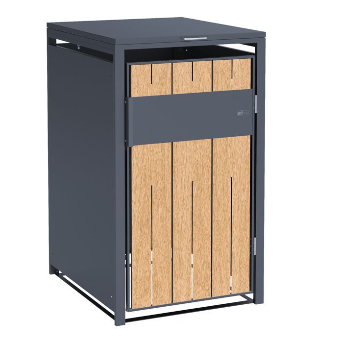 Refugio metálico para contenedores AXI Luke, antracita/efecto madera - Refugio para 1 contenedor - Máx. 240L - Refugio para contenedores de exterior con
