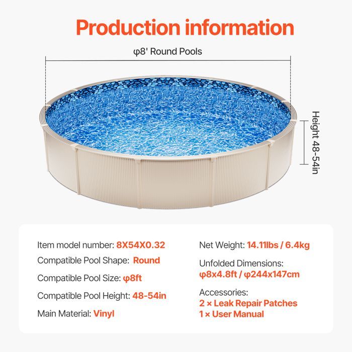 DUOKU Pool Liner - Round Model - 8 Feet - Overlapping Vinyl - Height 48-54 Inches