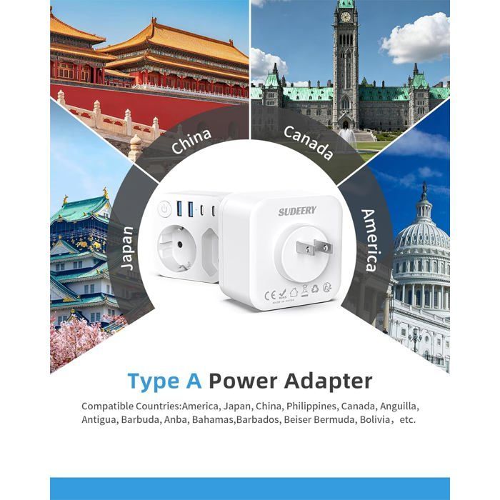 Adattatore da viaggio Francia-Giappone con 4 porte USB (2 USB-C), doppia uscita, connettore Schuko.