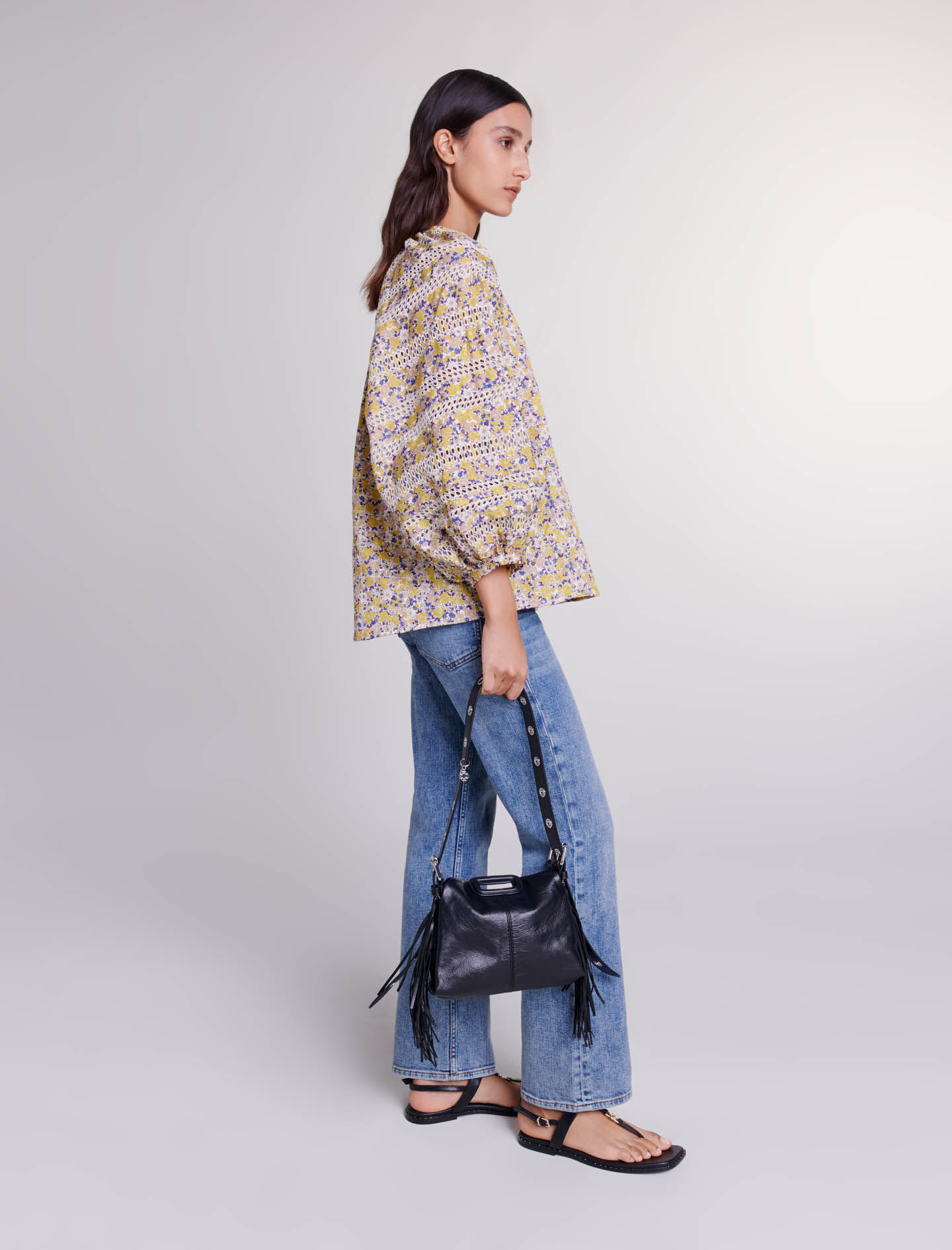 Bluza imprimata si brodata-Imprimé Fleurs Brodées Beige
