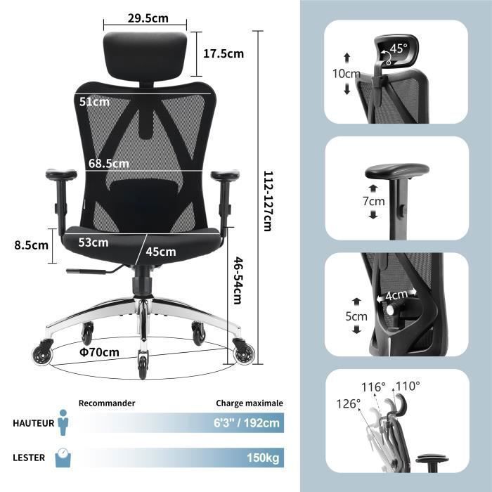 SIHOO Chaise de Bureau Ergonomique, Fauteuil Pivotant en Maille avec Support Lombaire et Accoudoirs Réglables, Poids Max 150KG, Noir