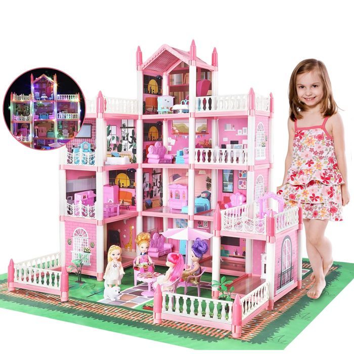 Maison de poupée château de princesse 11 pièces avec lumières – Comprend des lumières LED, des poupées