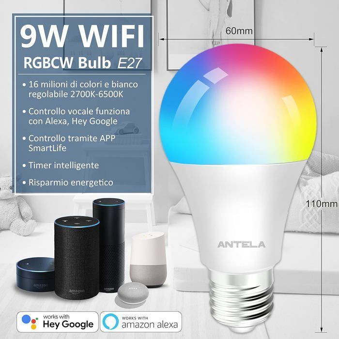 Ampoule Connectée Wifi E27 9W LED Multicouleurs RGB + CCT 2700K-6500K,Compatible Avec Alexa/Google Home,Ampoule Intelligente Pas