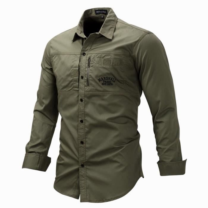 Camicia militare da uomo in cotone, maniche lunghe, casual, tinta unita - Verde militare