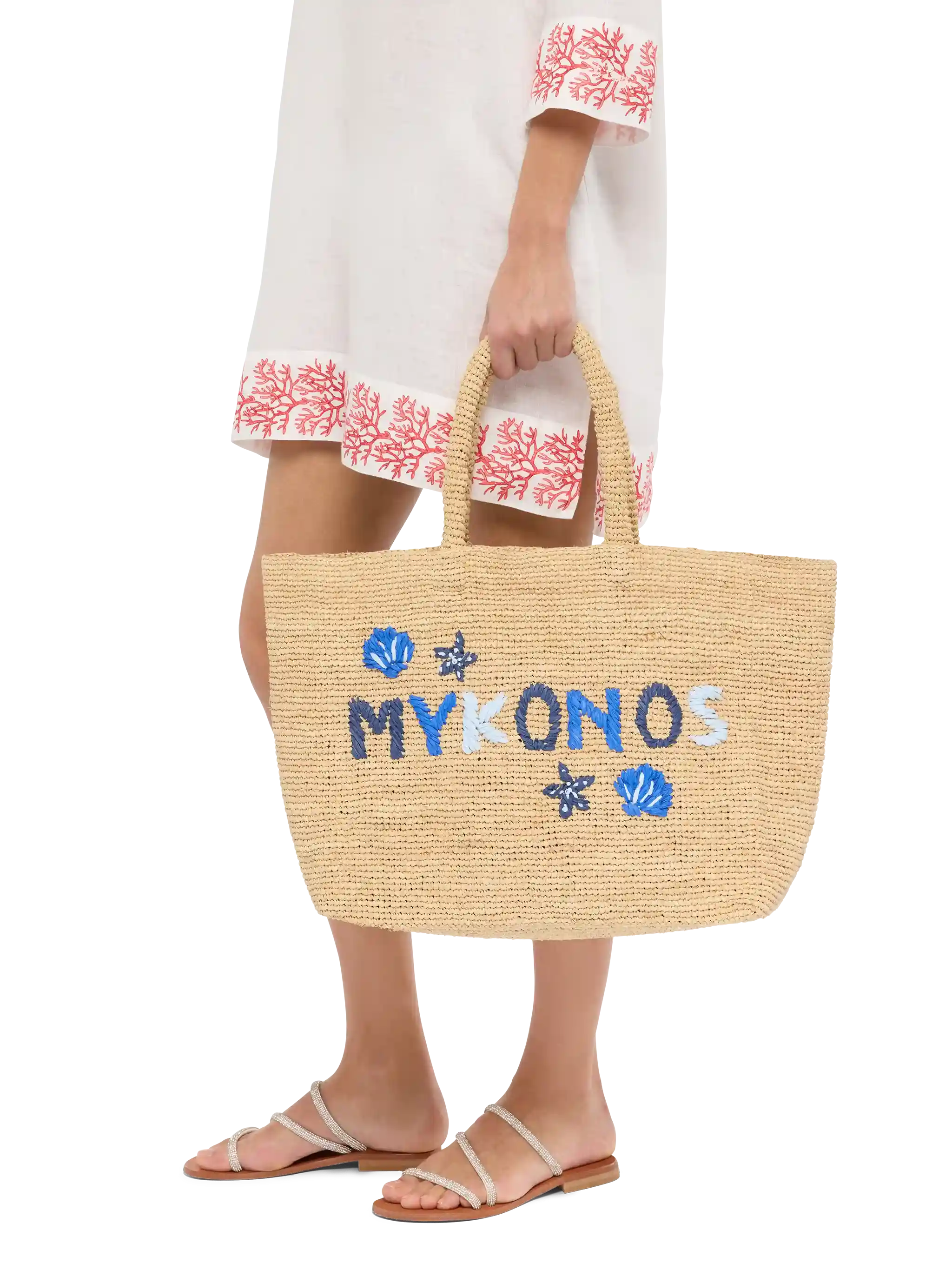 Beige Raffia strandtaske med indvendig bomuldspose og Mykonos-broderi