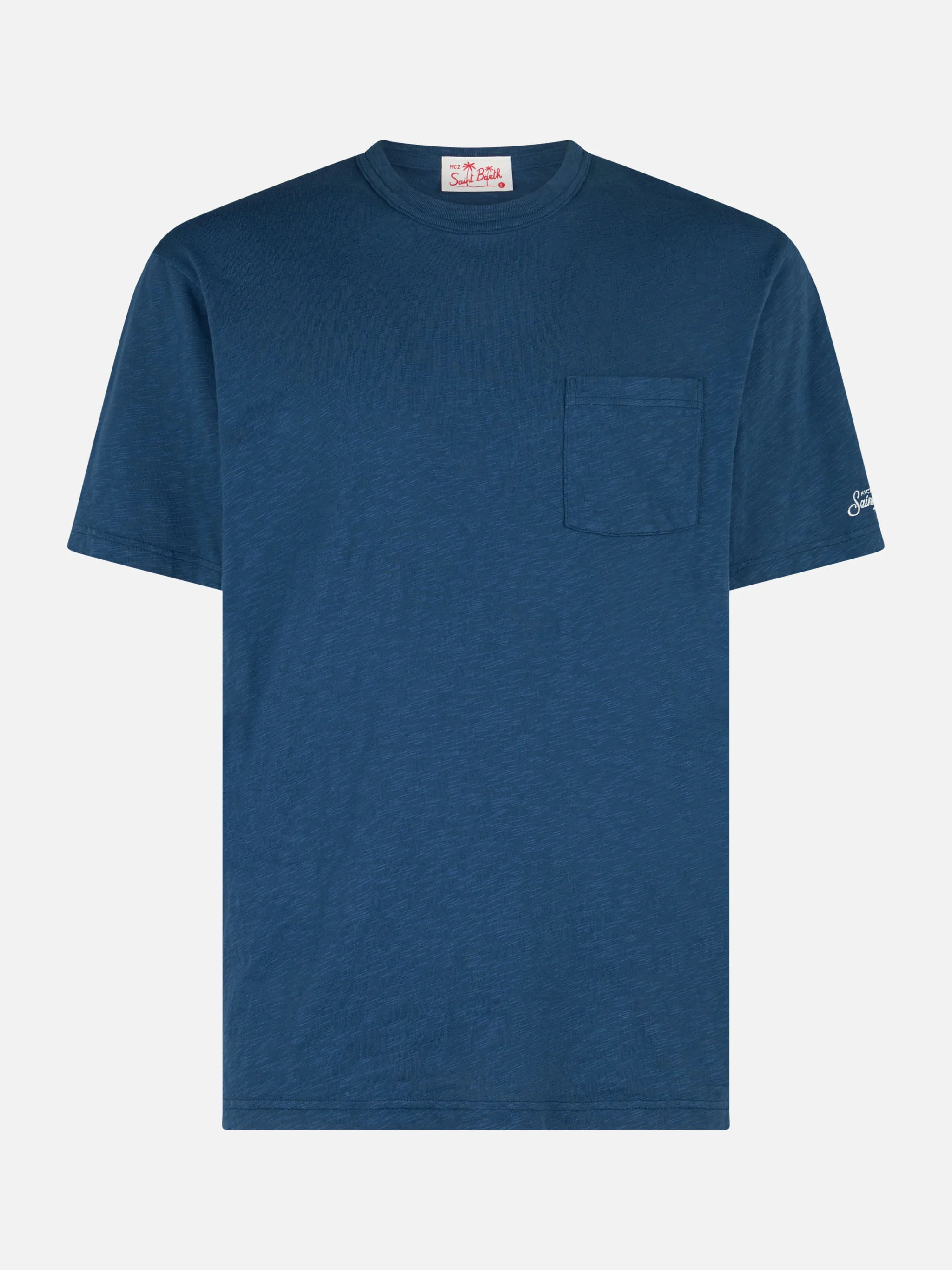 President heren T-shirt van blauw katoen met vlammenmotief en borduurwerk.