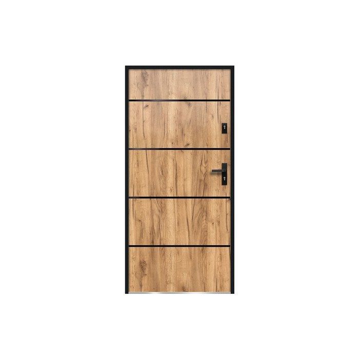 Puerta frontal de acero macizo y acero inoxidable, 207 cm de alto x 100 cm de ancho, efecto roble - 55 mm de espesor - apertura a la izquierda - NAXARA