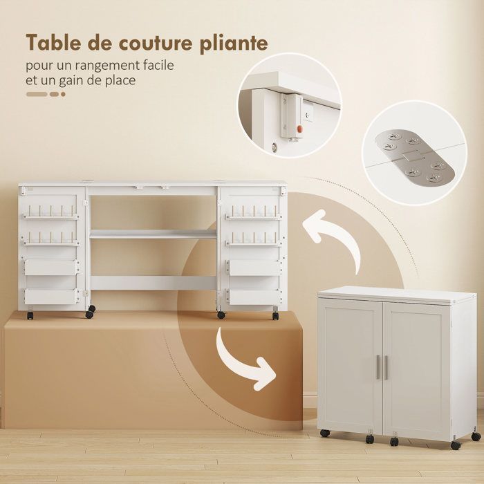 Table de couture - HOMCOM - pliante - roulettes, 2 portes, 4 bacs, 20 crochets - panneau de particules - 160x40x81,5cm - blanc