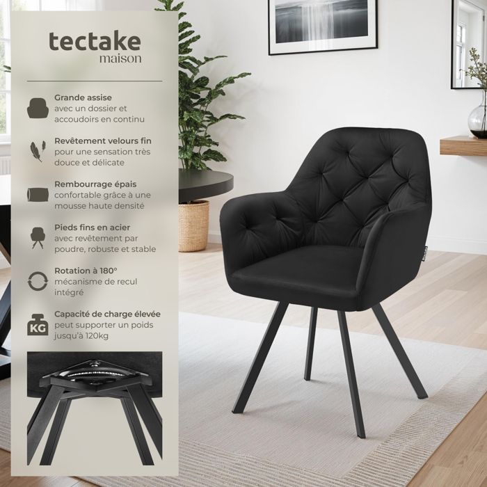 Chaises - TECTAKE - Lot de 4 fauteuils LUCIA pivotants à 180° rembourré en velours motif matelassé 58 x 58 x 87 cm - Noir