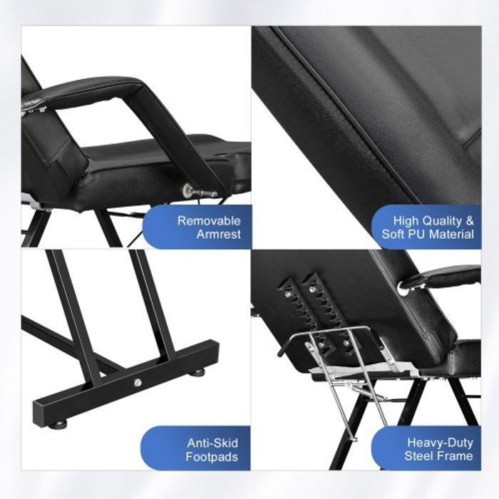 Lettino da massaggio con struttura in ferro - gambe e schienale regolabili - 185 x 82 x 70 cm, colore nero.
