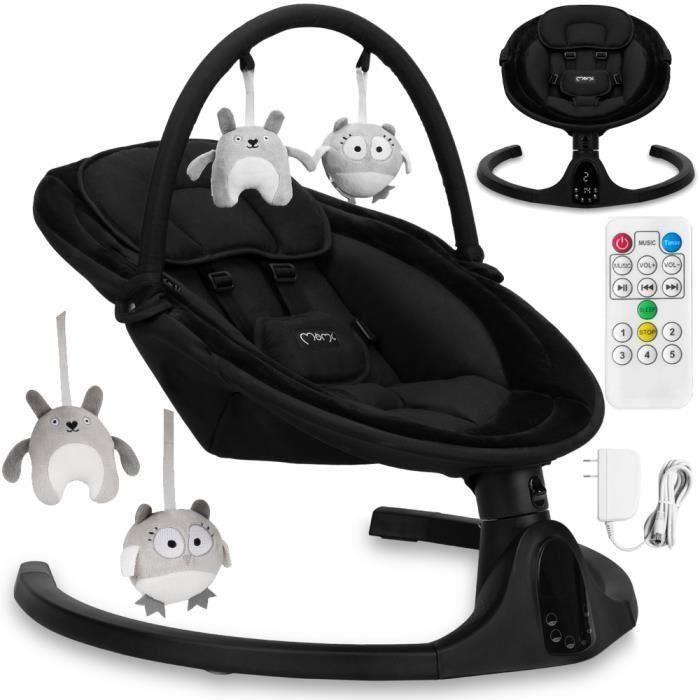 MoMi KENANI ONYX – Sähköinen vauvankeinu – Bluetooth – Kaukosäädin – Lelut sisältyvät – LED-näyttö – Musta