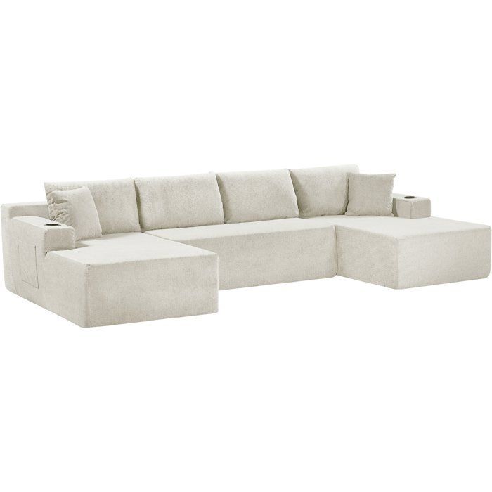 Canapé compressé modulable - 4 places - ROGER - Tissu Beige crème - Rangements & Porte-verres - 339 x 168 x 84 cm