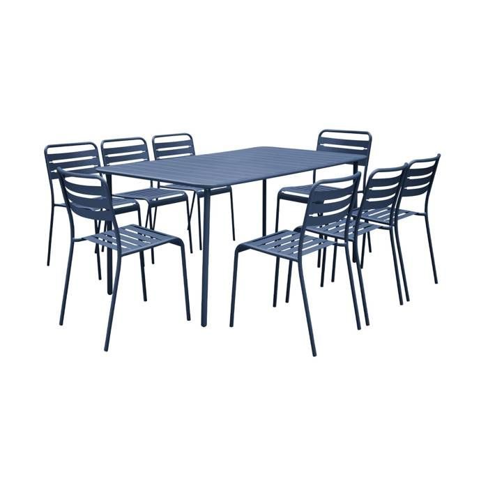 Tavolo da giardino in metallo con 8 posti a sedere, colore blu navy, finitura antiruggine. Doghe e bordi arrotondati.