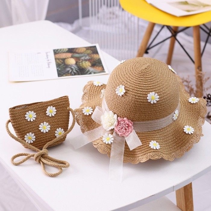 Conjunto de sombrero de paja y bolso FUNMOON para niña - Chanclas Panamá con estampado de girasoles para viajes al aire libre
