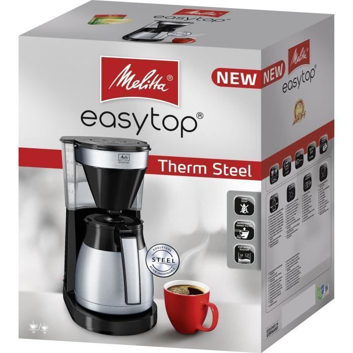 Cafeteira de filtro MELITTA Easy Top Therm II em aço inoxidável - Preta - 10 xícaras - Suporte de filtro próprio para lava-louças