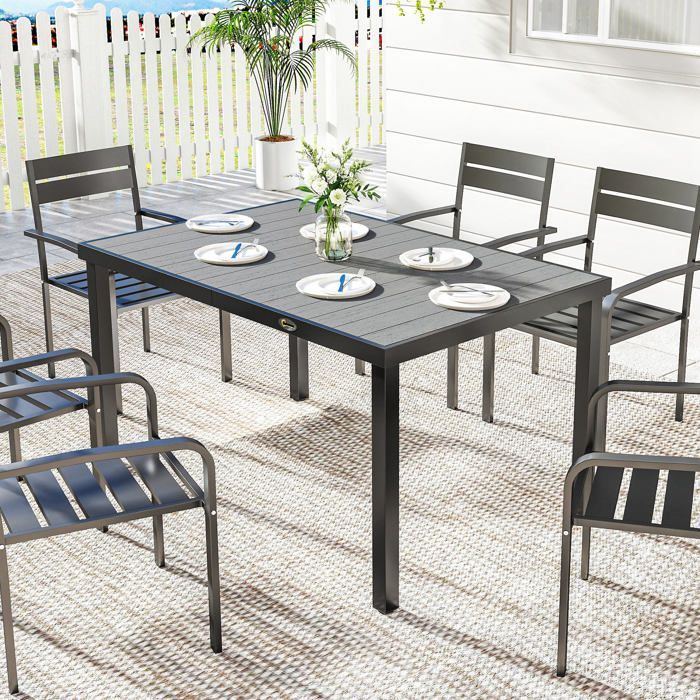 Mesa de jardín Outsunny - Para 4 a 6 personas - Rectangular - Tablero de listones y patas de acero - 140 x 90 x 74 cm - Gris