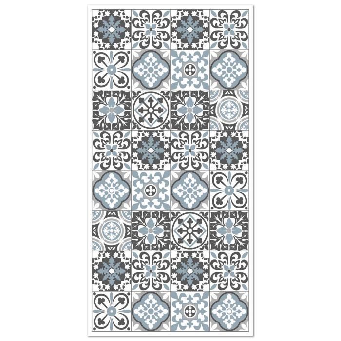 Tapis Vinyle Panorama Carreaux Ciments Triana Gris et bleu 60x110 cm - Tapis pour Cuisine, Bureau et Salon en PVC