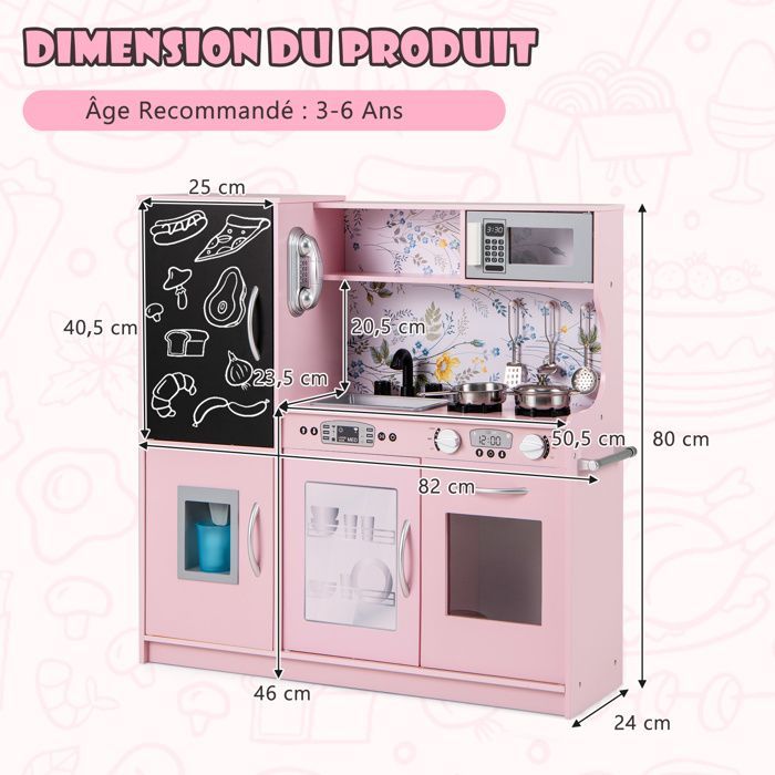 DREAMADE Wooden Children's Kitchen with Sounds, Blackboard, Telephone, Stoves, Dishwasher, Ice Maker, Oven, Pink