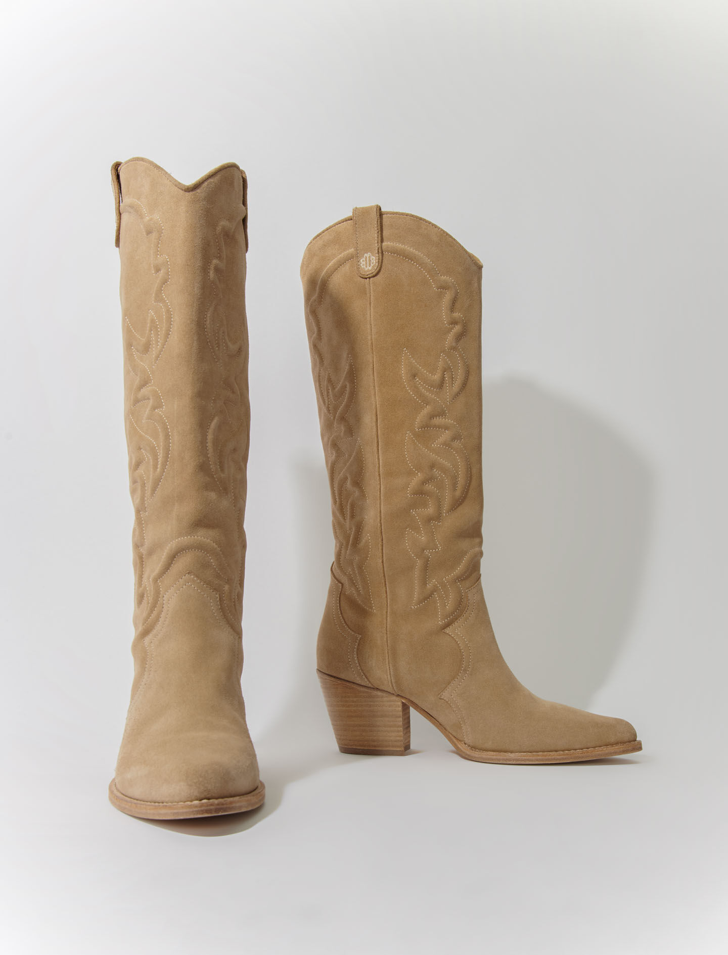 Beige cowboy-saapas kirjailtua nahkaa - Beige