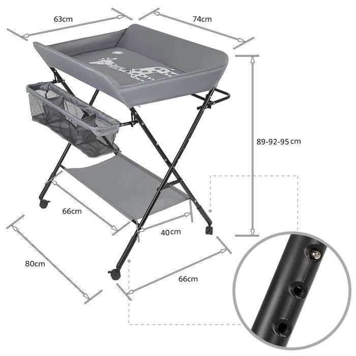 Table à langer Pliable pour bébé avec Roulettes, Sac de rangement - Hauteur réglable -Gris