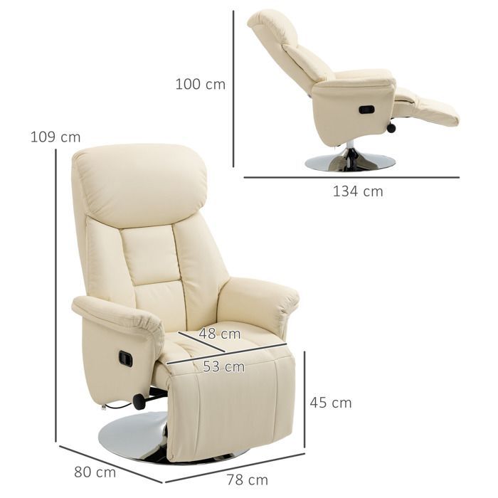Sillón de relajación - HOMCOM - reclinable, giratorio, reposapiés ajustable - hasta 150 kg - para salón, dormitorio, cine en casa - color crema