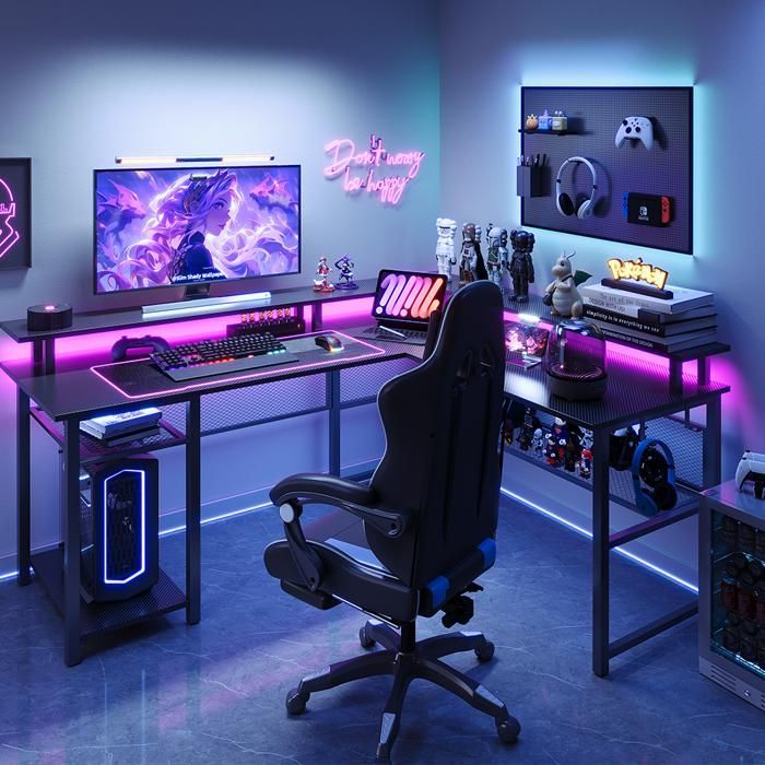 L-vormig gamingbureau - 140x120x75 cm - Hoekbureau met opbergruimte - Monitorstandaard - 2 USB-opladers, 3 stopcontacten, LED-verlichting