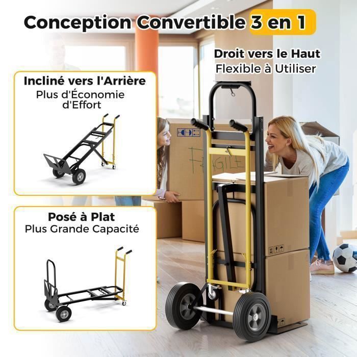 Carretilla metálica plegable COSTWAY - 3 modos - 4 ruedas de goma - Cuerda de conexión - Mango antideslizante - 450 kg - Negro + Amarillo