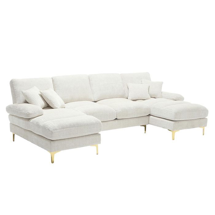 U-shaped chenille sofa with reclining seats, beige