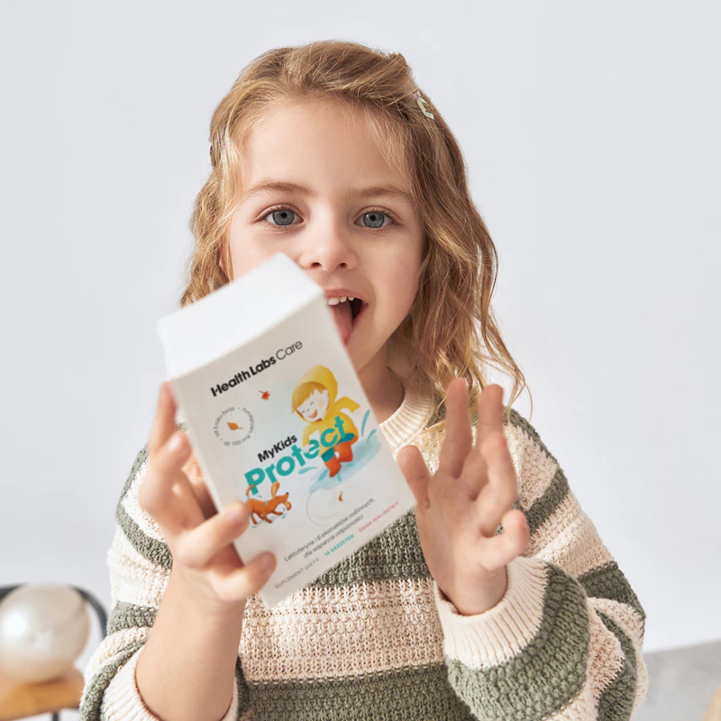 Health Labs Care MyKids Protect, suplemento alimentar em pó para solução oral, para auxiliar o sistema imunológico.