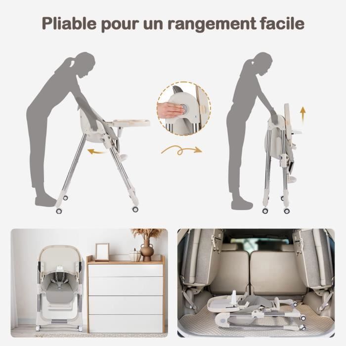 Trona plegable convertible para bebé - Altura ajustable - Bandeja extraíble - 4 ruedas giratorias - Asiento cómodo