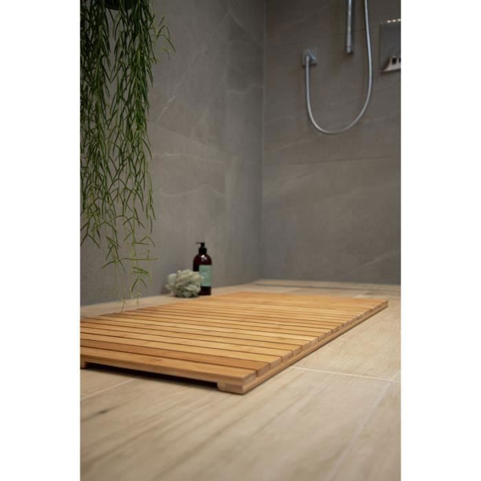 WENKO Caillebotis douche bois, tapis bambou salle de bain, usage intérieur et extérieur, Bambou, 50x50 cm, Marron