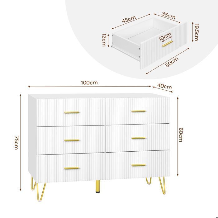 Commode 6 Tiroirs - Design élégant - Meuble en Bois d'Ingénierie - Pieds en Métal Doré - 100x40x75cm - Blanc