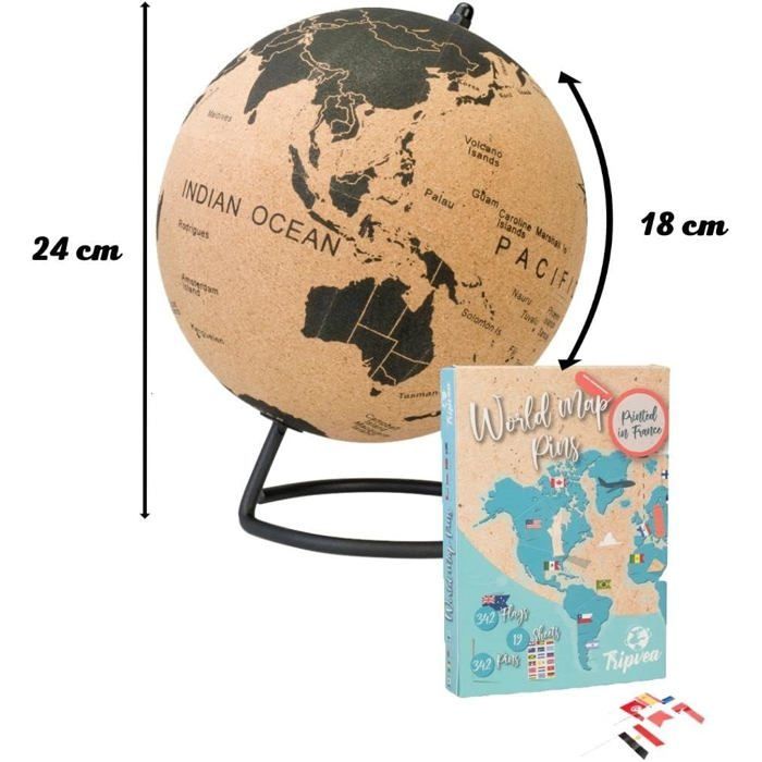 Globo de cortiça vintage TRIPVEA® de 24 cm + 342 bandeirinhas autoadesivas plantáveis - Mapa-múndi decorativo com tema de viagens
